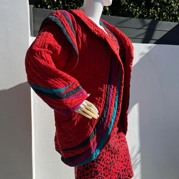 80s Bob Mackie Red Quilt Suede Jacket - Picture 10 of 14